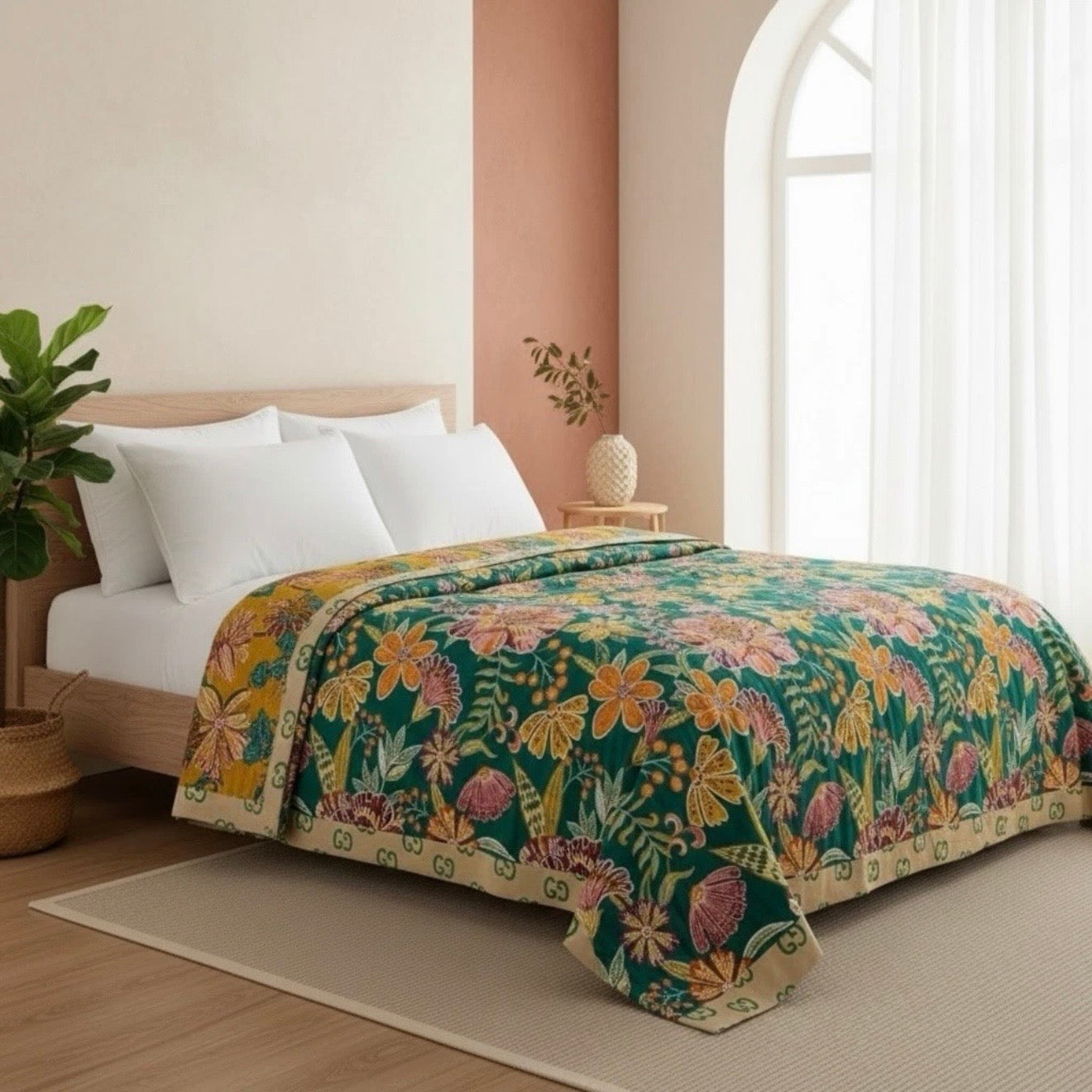 NEW Anthropologie Boho Teal Floral Reversible Queen Blanket Bedspread 80" x 90"