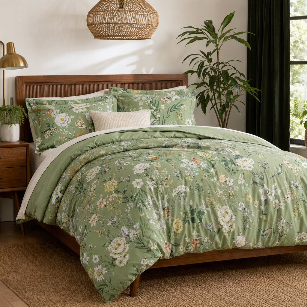 NEW Anthropologie Vintage Green Floral Bird Queen King Duvet Bedding & Sham Set