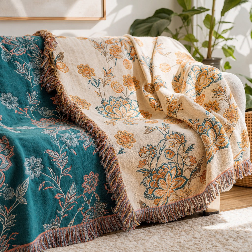 NEW Anthropologie Boho Floral Orange Teal Throw Blanket Bedspread Quilt 80 x 90