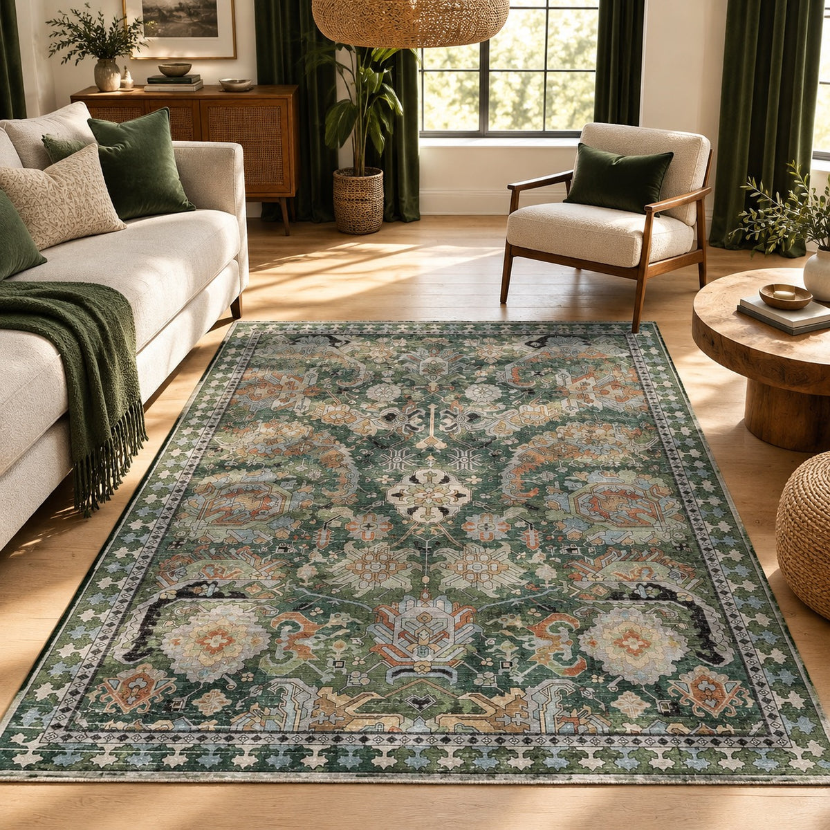 NEW Anthropologie Green Vintage Floral Boho Washable Area Rug Carpet - 5' x 7'