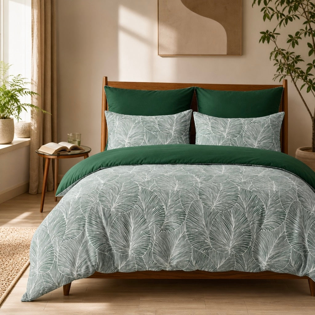 NEW Anthropologie Green Botanical Print Boho Queen King Bedding Duvet & Sham Set