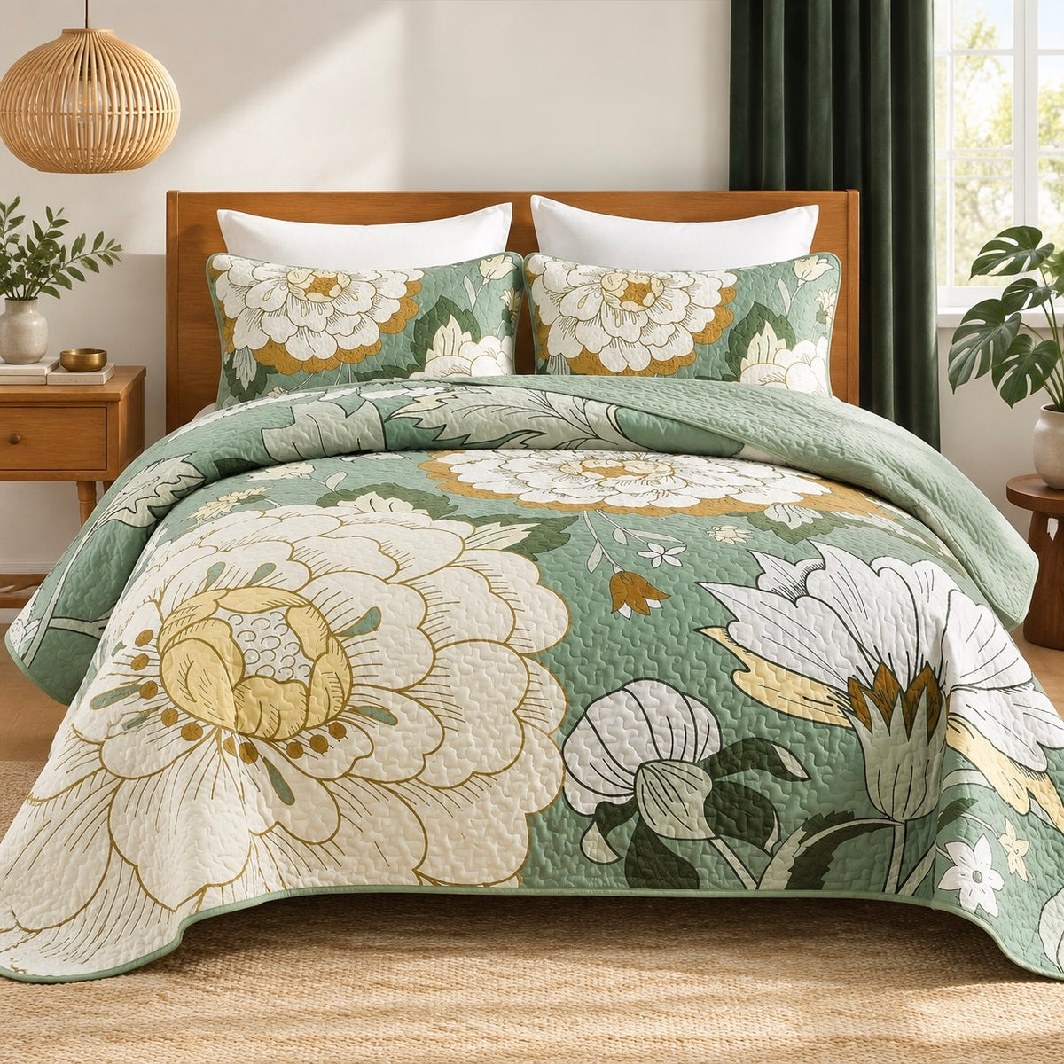 NEW Anthropologie Green & Yellow Floral Boho Queen / King Bedding Quilt Sham Set
