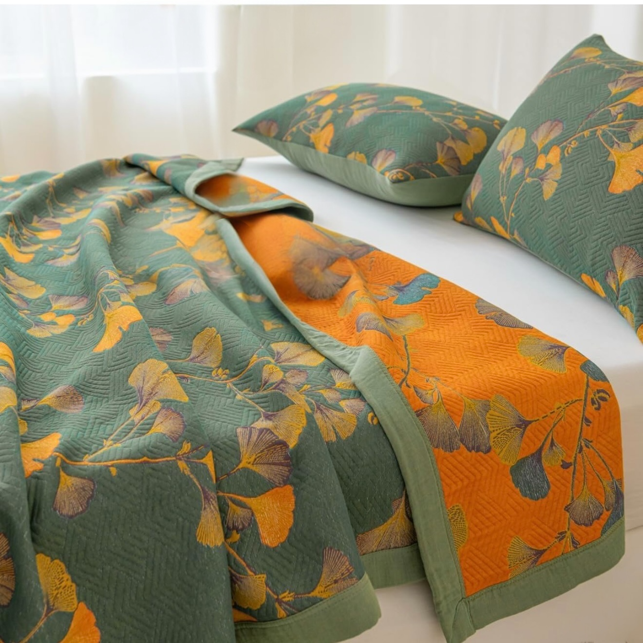 NEW Anthropologie Teal Orange Reversible Queen / King Bedspread Blanket Sham Set