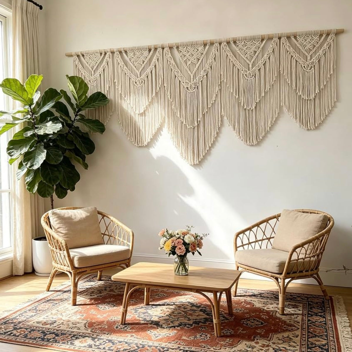 Anthropologie XL Boho Tapestry Macrame Woven Yarn Tassel Wall Hanging 70" x 32"