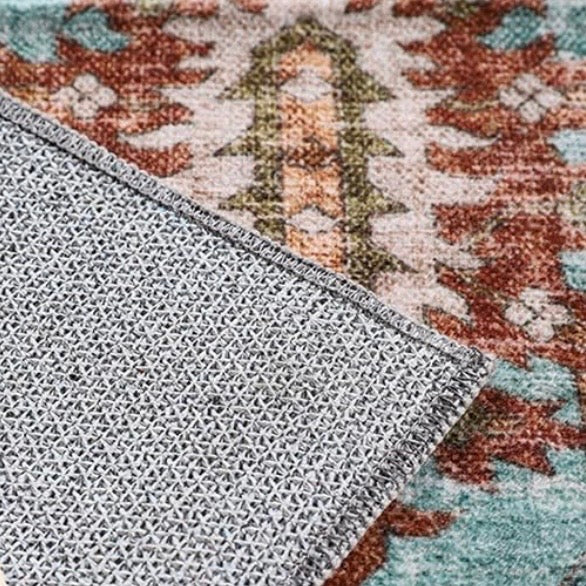 Blue Moroccan floral boho rug corner showing rust and teal pattern with textured gray non-slip backing. Machine washable poly-wool material.