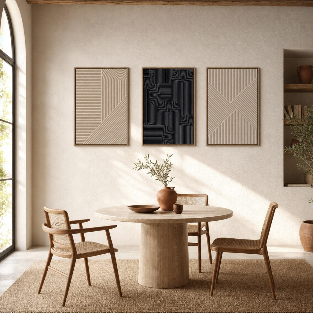NEW West Elm Large Abstract Set of 3 Framed Canvas Wall Art Paintings Decor 24"