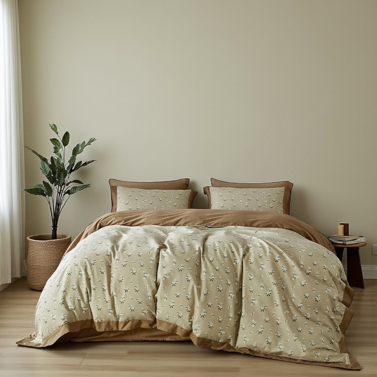 NEW Anthropologie Khaki Floral Vintage Queen King Cotton Bedding Duvet Sham Set