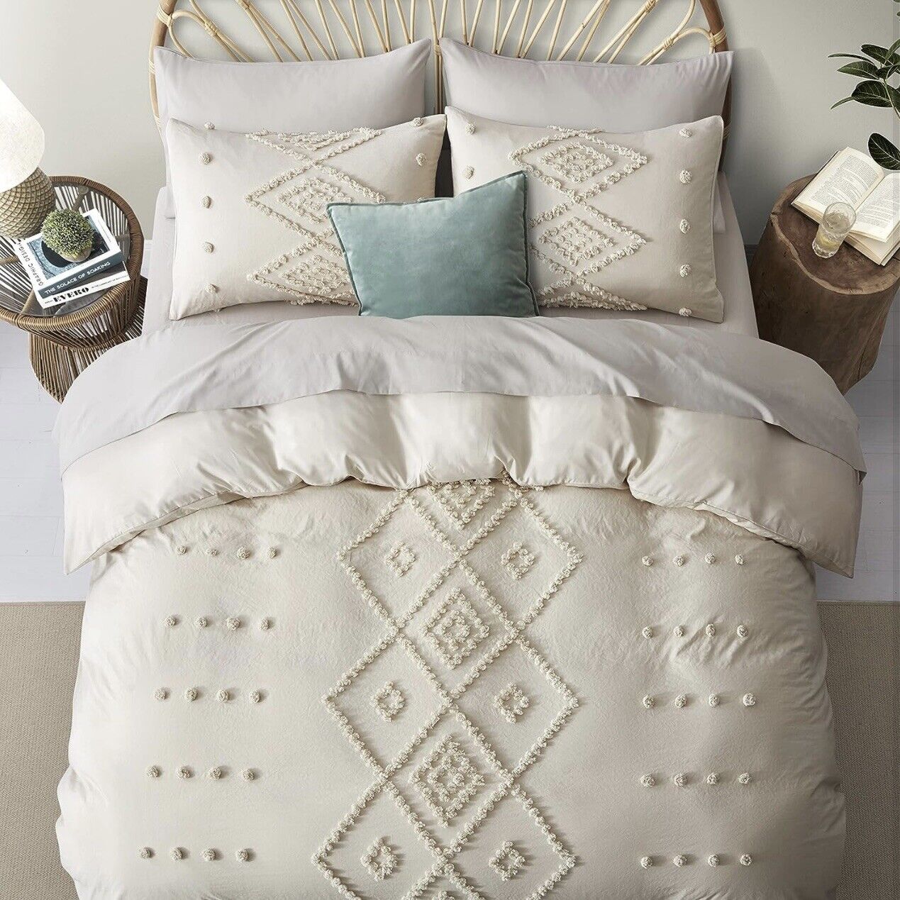 NEW Anthropologie Cream Boho King Size Tassel Bedding Duvet Blanket & Sham Set