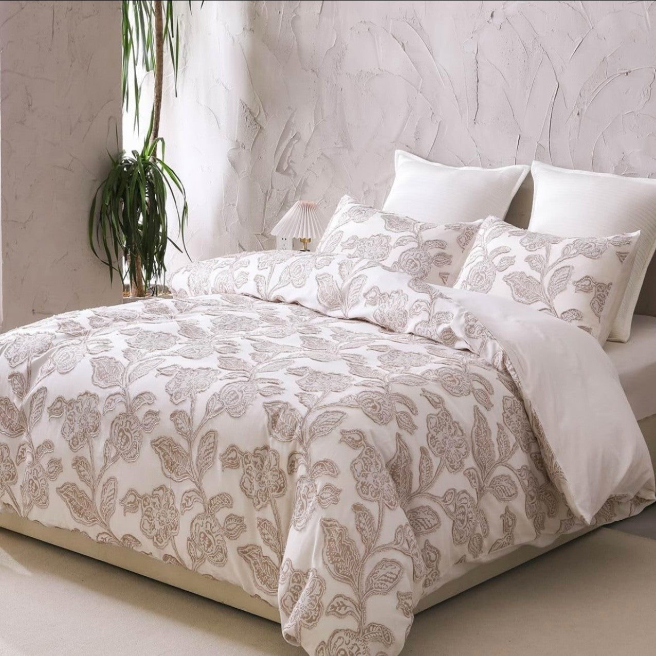 NEW Anthropologie Embroidered Floral Jacquard Cotton Bedding Duvet & Sham Set