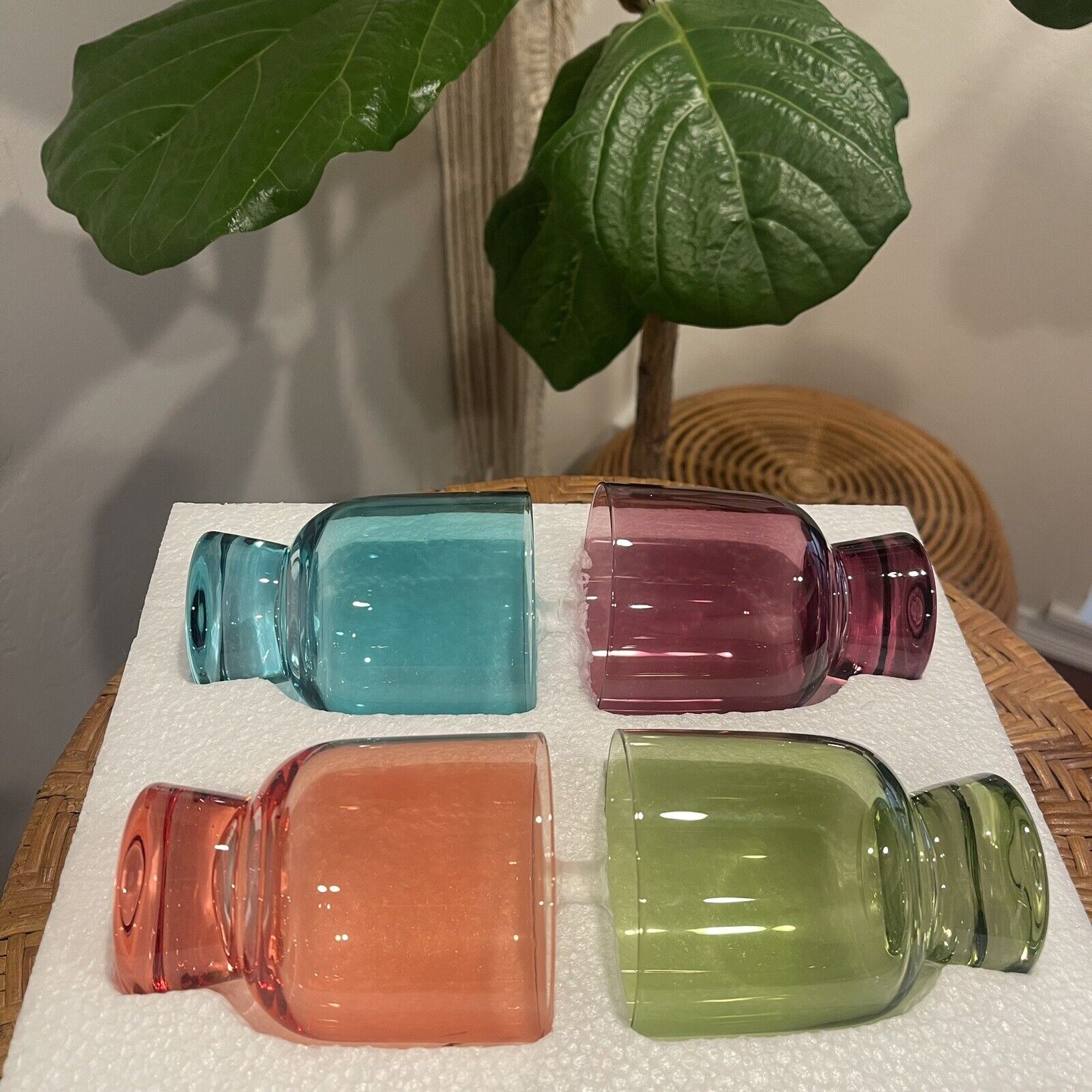 NEW Anthropologie Multicolor Crystal Glass Stemless Wine Glasses Tumblers Set 4