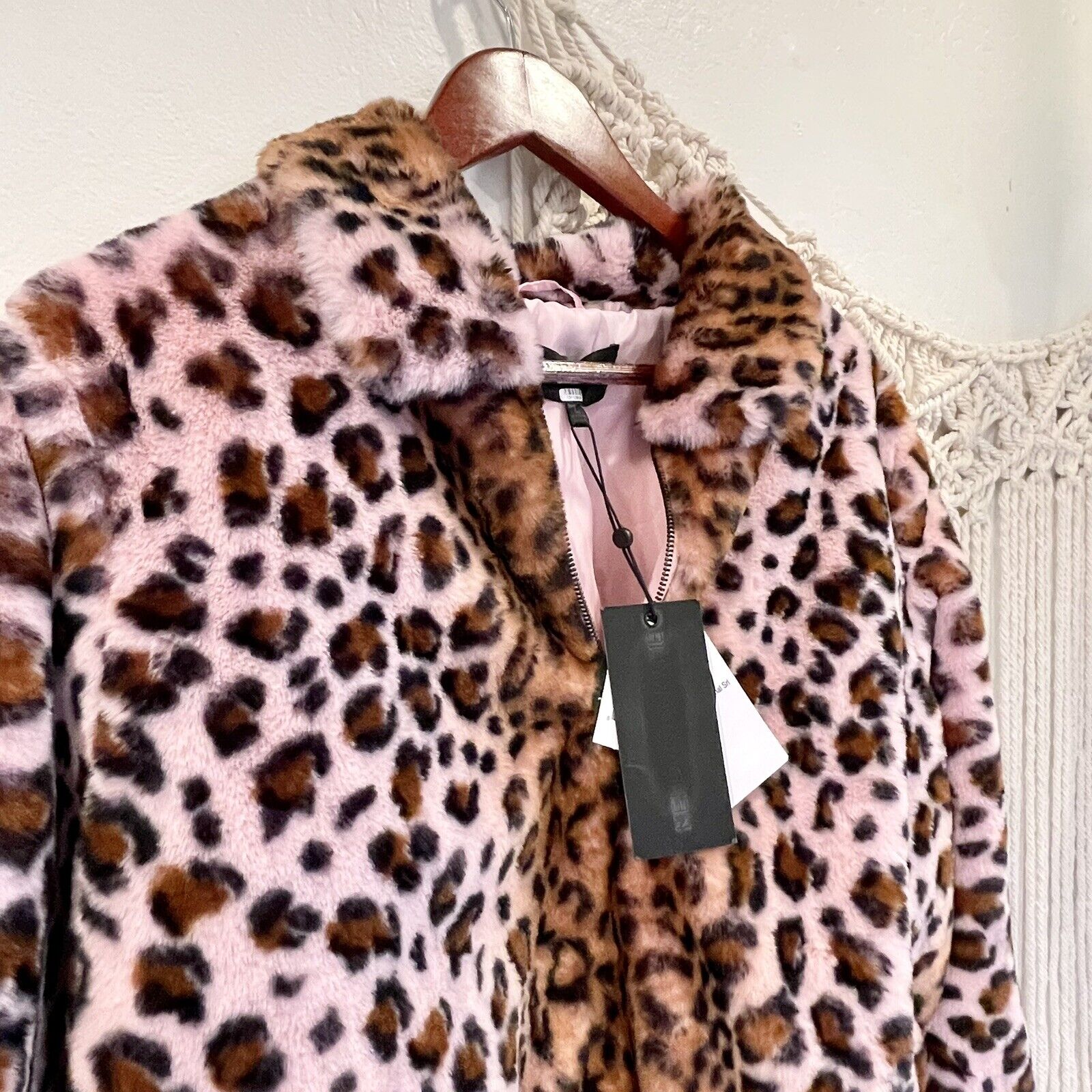 New KENDALL + KYLIE Faux Fur Boho Pink Leopard Animal Print Jacket Coat - Large