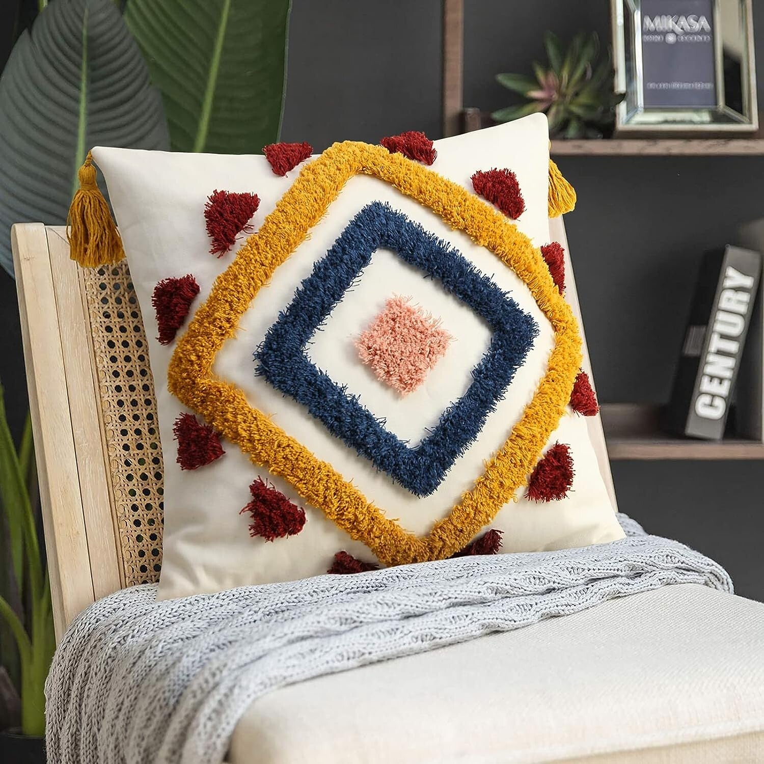 NEW Anthropologie Boho Abstract Tassel Throw Pillow Case Cover Sham - 18" x 18"