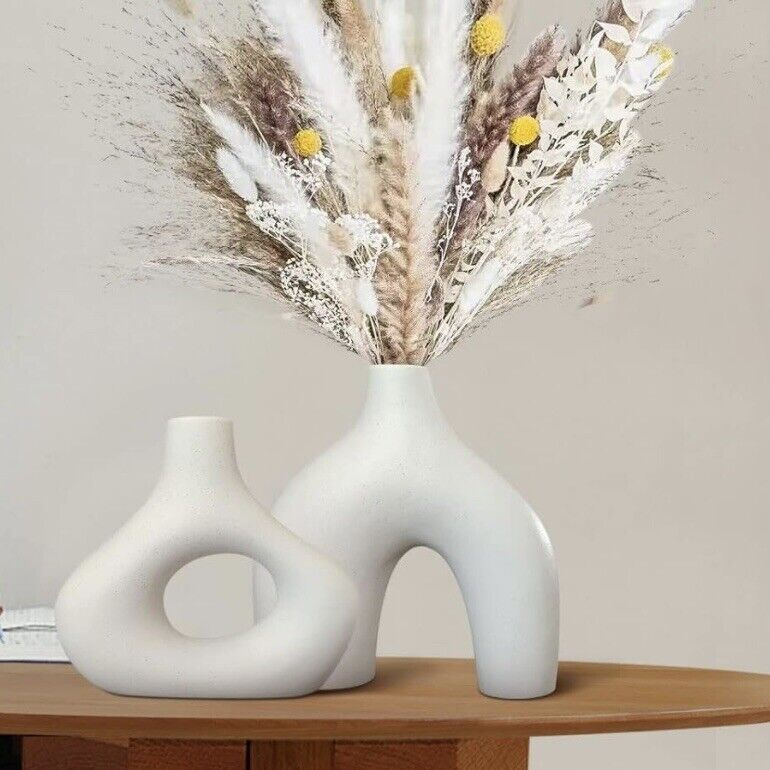 New West Elm (Set 2) Large Cream Abstract Boho Ceramic Abstract Flower Vase Set