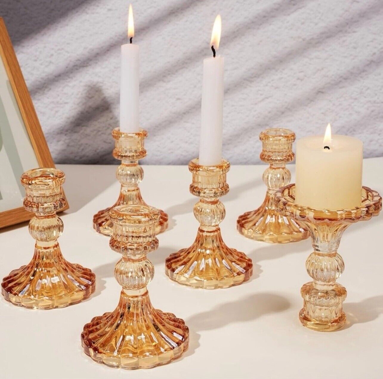 New Anthropologie Set of 6 Pink Boho Cut Glass Retro Candlestick Candle Holders