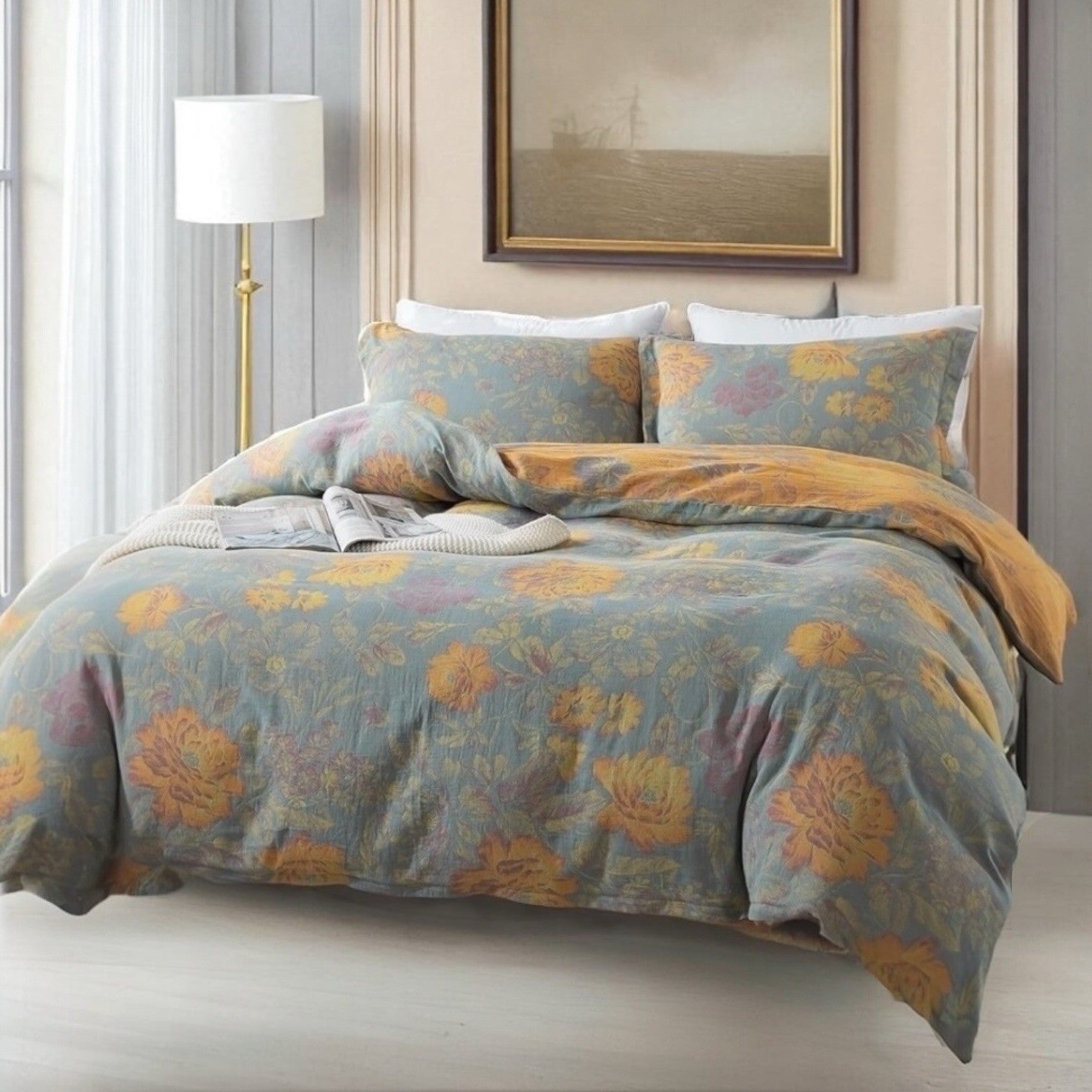 NEW Anthropologie Green Purple Floral Linen Queen / King Bedding Duvet Sham Set