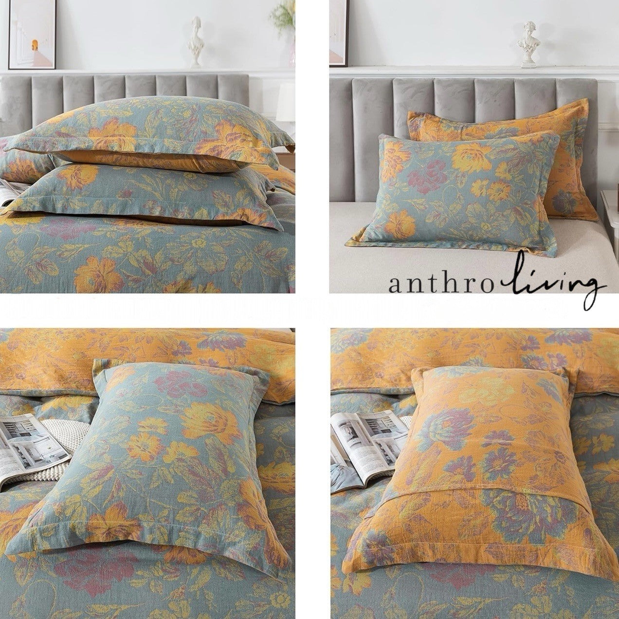 NEW Anthropologie Green Purple Floral Linen Queen / King Bedding Duvet Sham Set