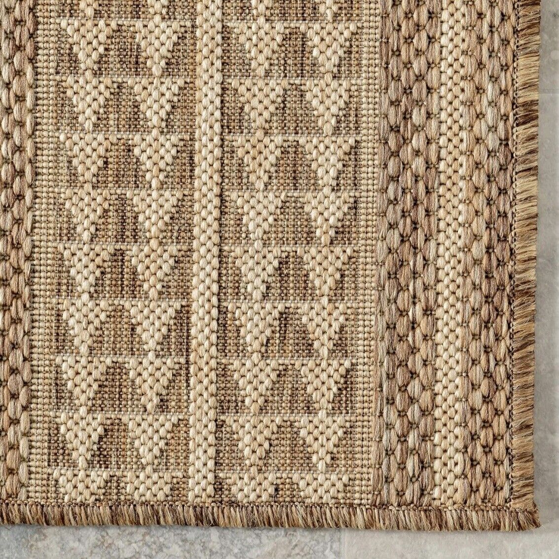 NEW West Elm Tan Woven Boho Jute Style Geometric Indoor Outdoor Area Rug 7' x 9'