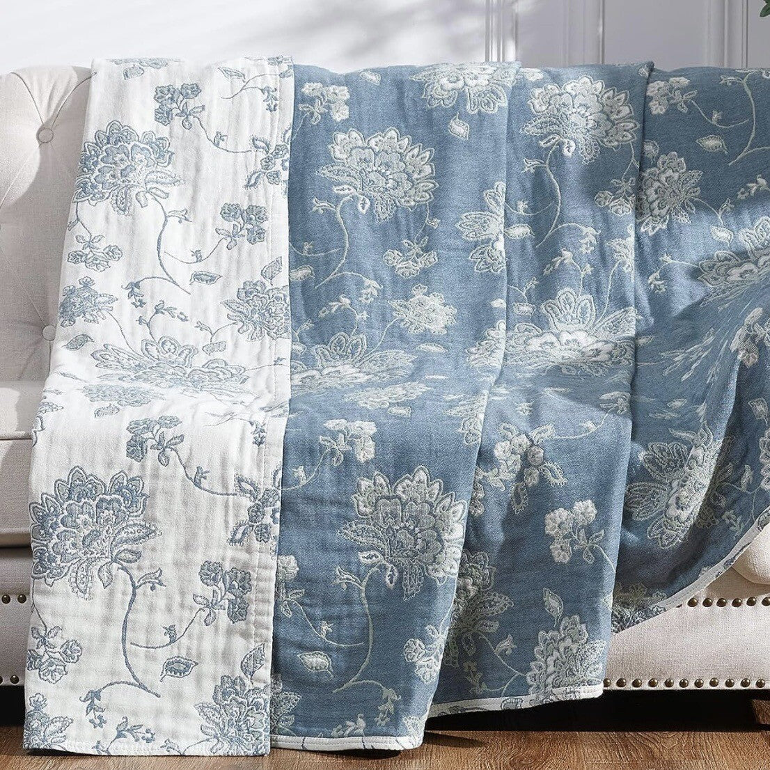 NEW Anthropologie Boho Floral Muslin Reversible Throw Blanket Quilt 60" x 80"