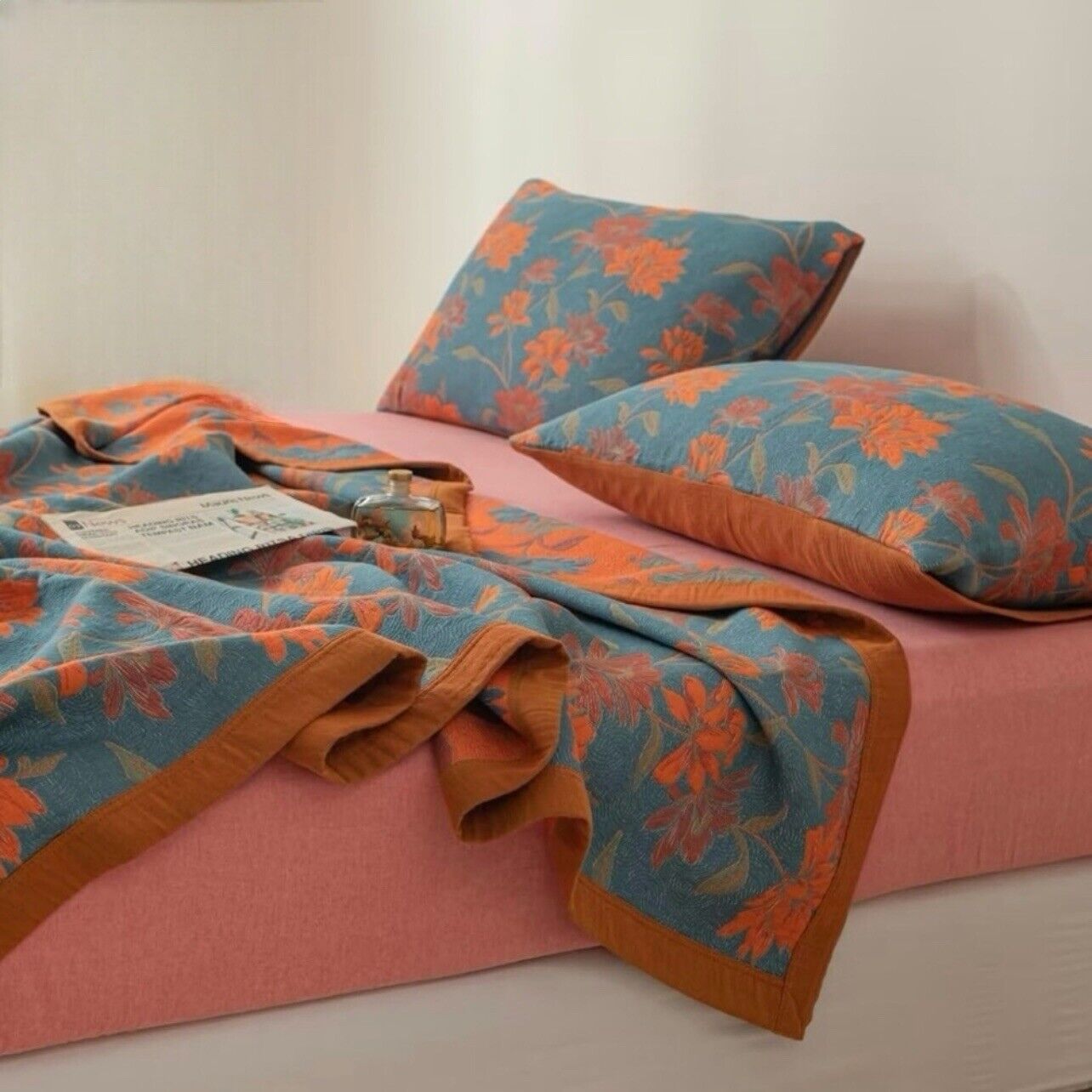 NEW Anthropologie Blue Orange Reversible King Size Bedspread Blanket Sham Set