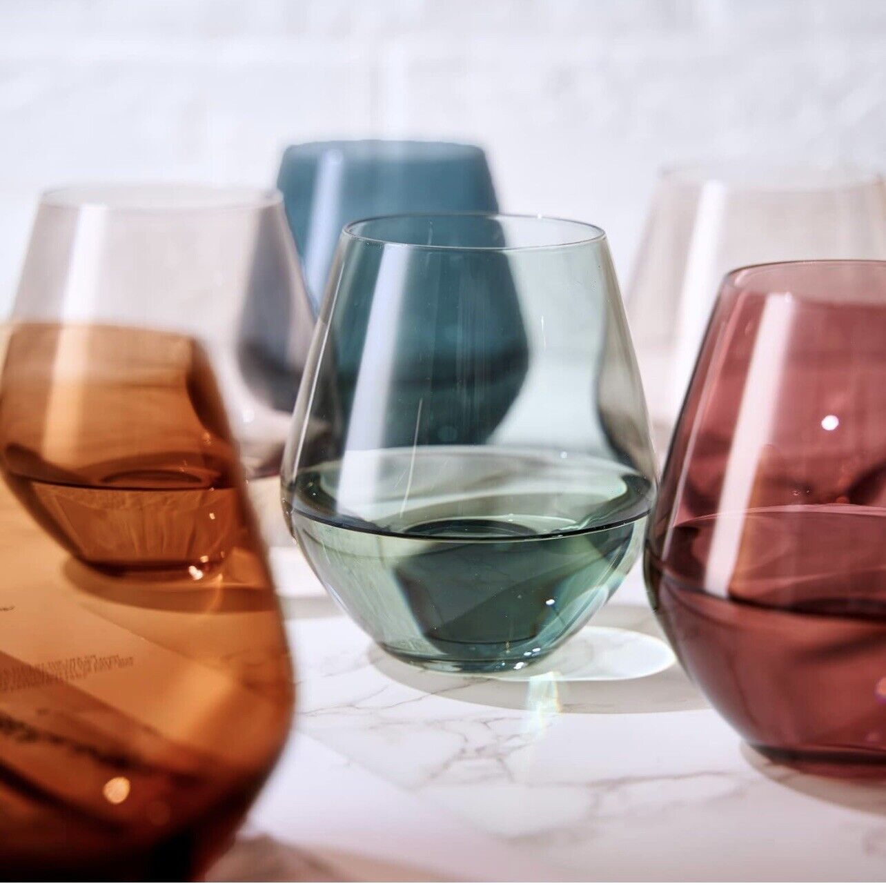 NEW West Elm (Set of 6) Colorful Stemless Crystal Wine Glass Drink Ware Bar Set