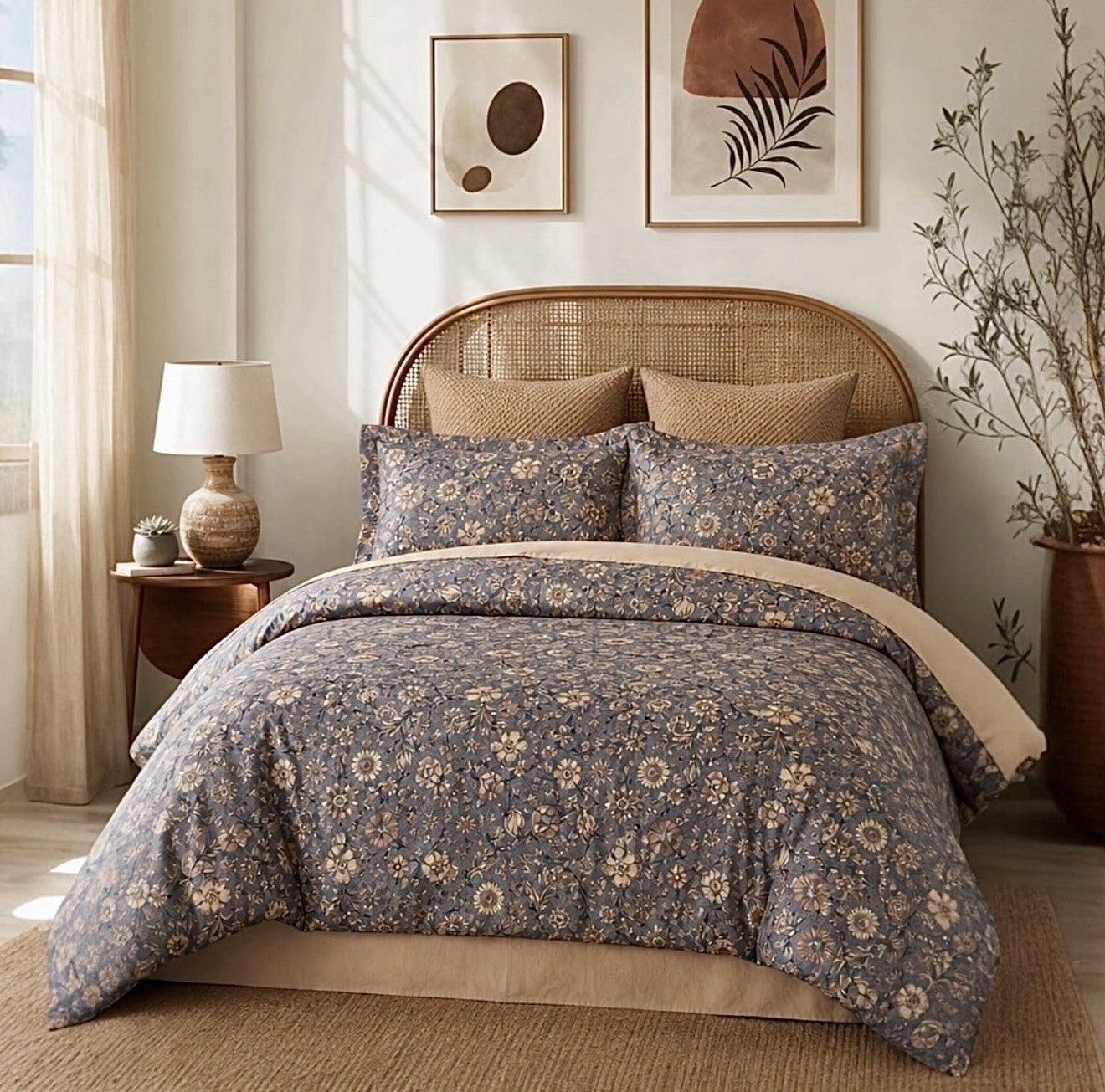 NEW Anthropologie Purple Silky Floral Boho Queen Size Comforter Bedding Sham Set