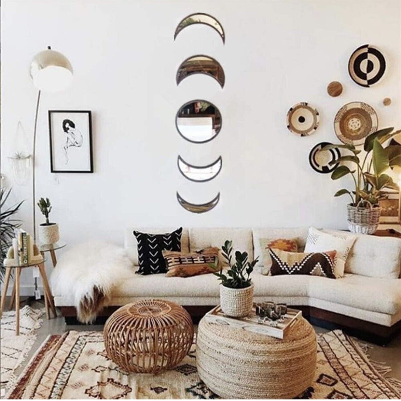 NEW Anthropologie (5 Piece) Boho Gold Moon Phase Mirror Hanging Wall Decor Set