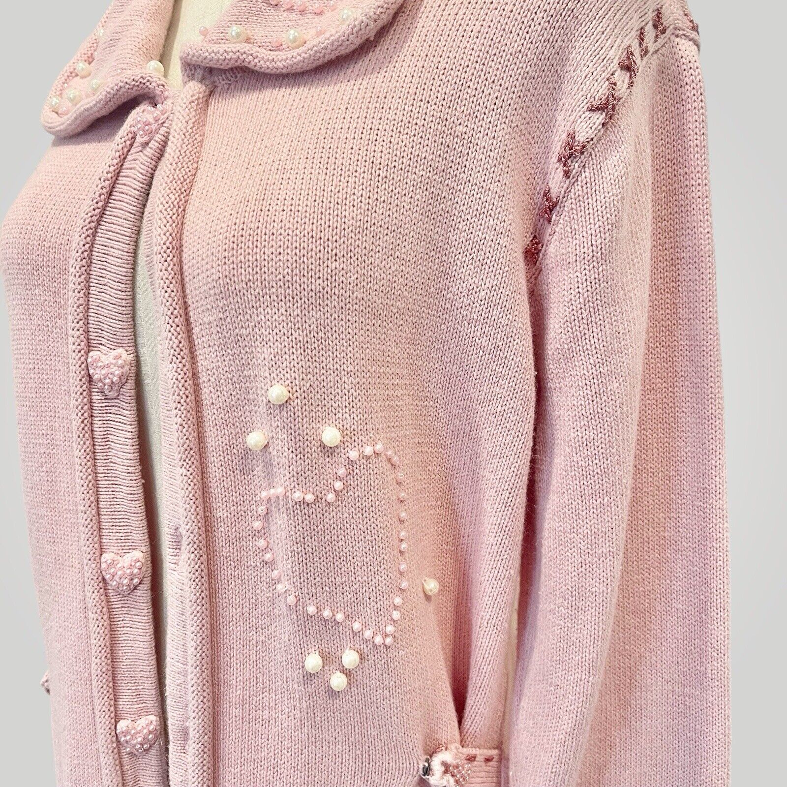 Vintage Storybook Knits Pink Heart Embroidered Pearl Sweater Duster - Medium