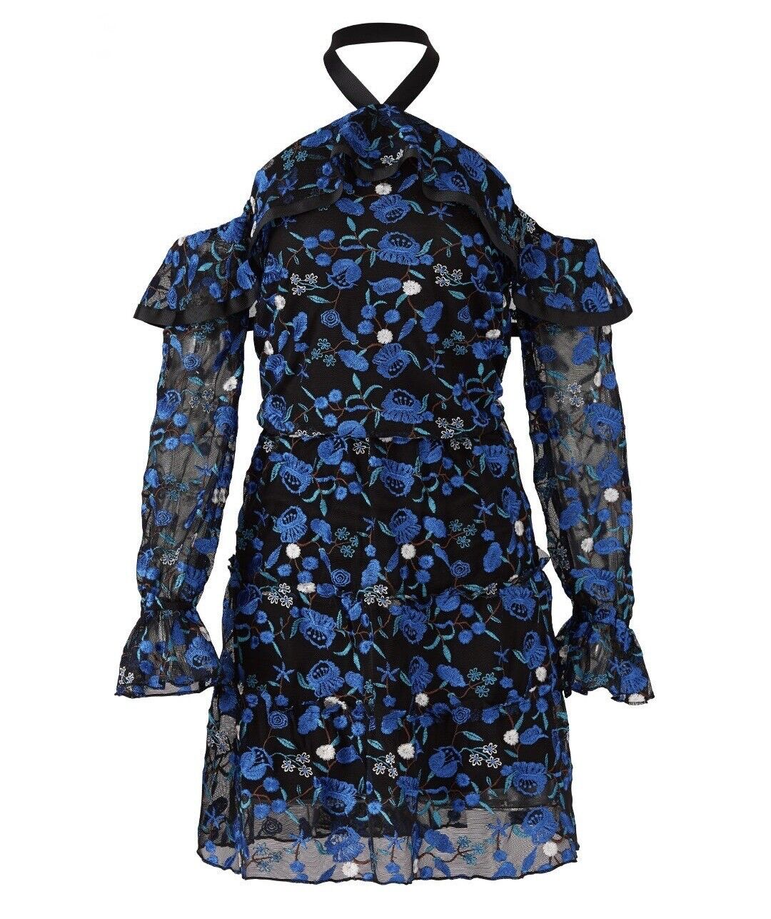 Alexia Admor Blue & Black Embroidered Royal Floral Flutter Sleeve Dress - Size 8