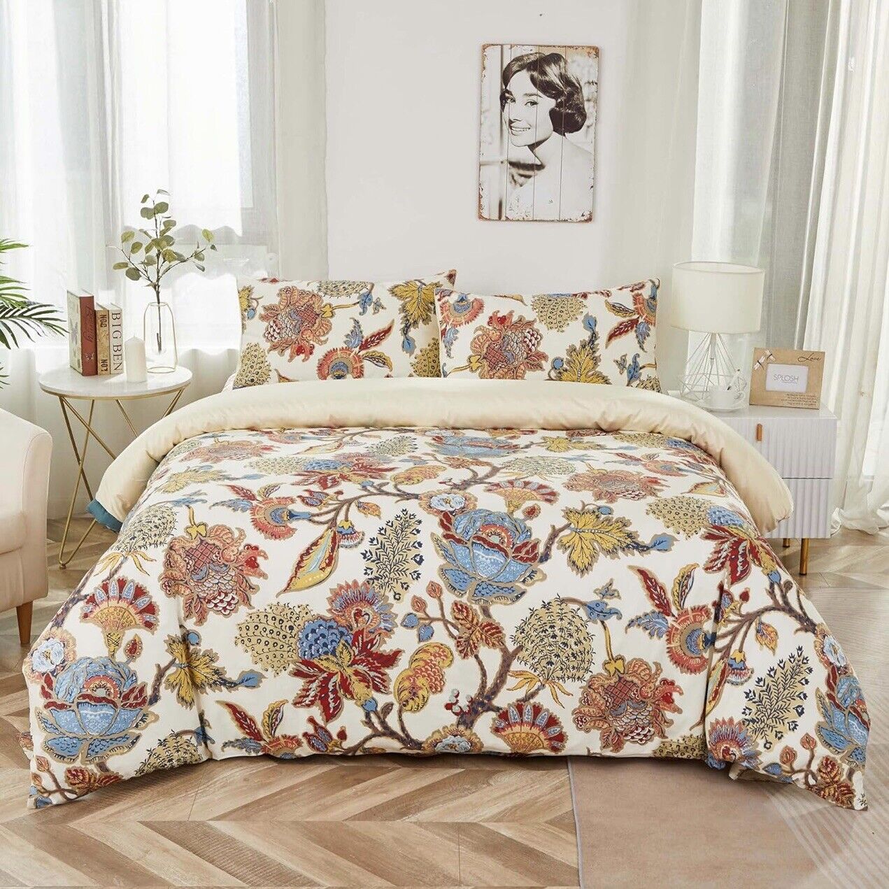 NEW Anthropologie Cream Boho King Size Floral Bedding Duvet Sheet Sham Set