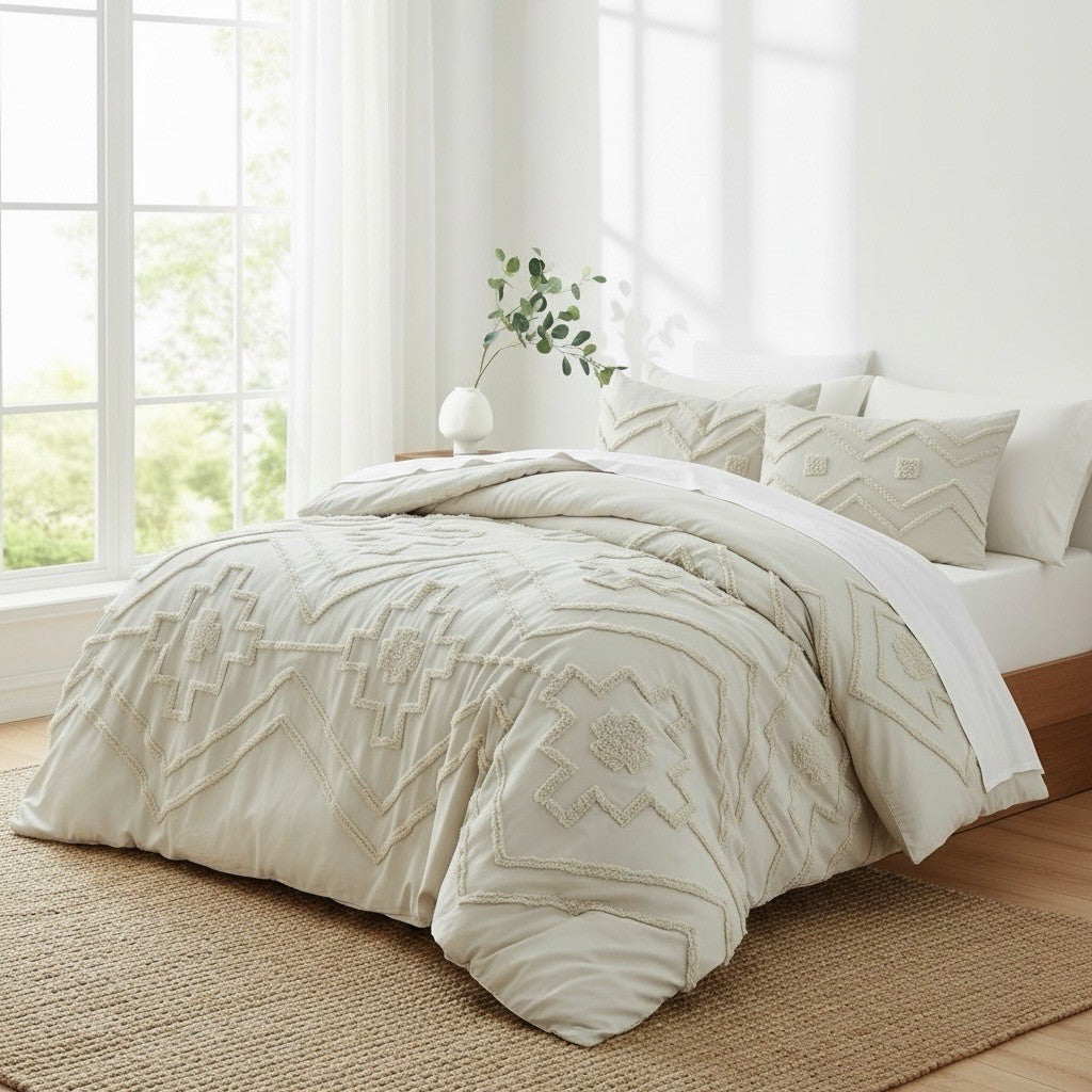 NEW Anthropologie Cream Boho Queen Tassel Comforter Blanket Bedding & Sham Set