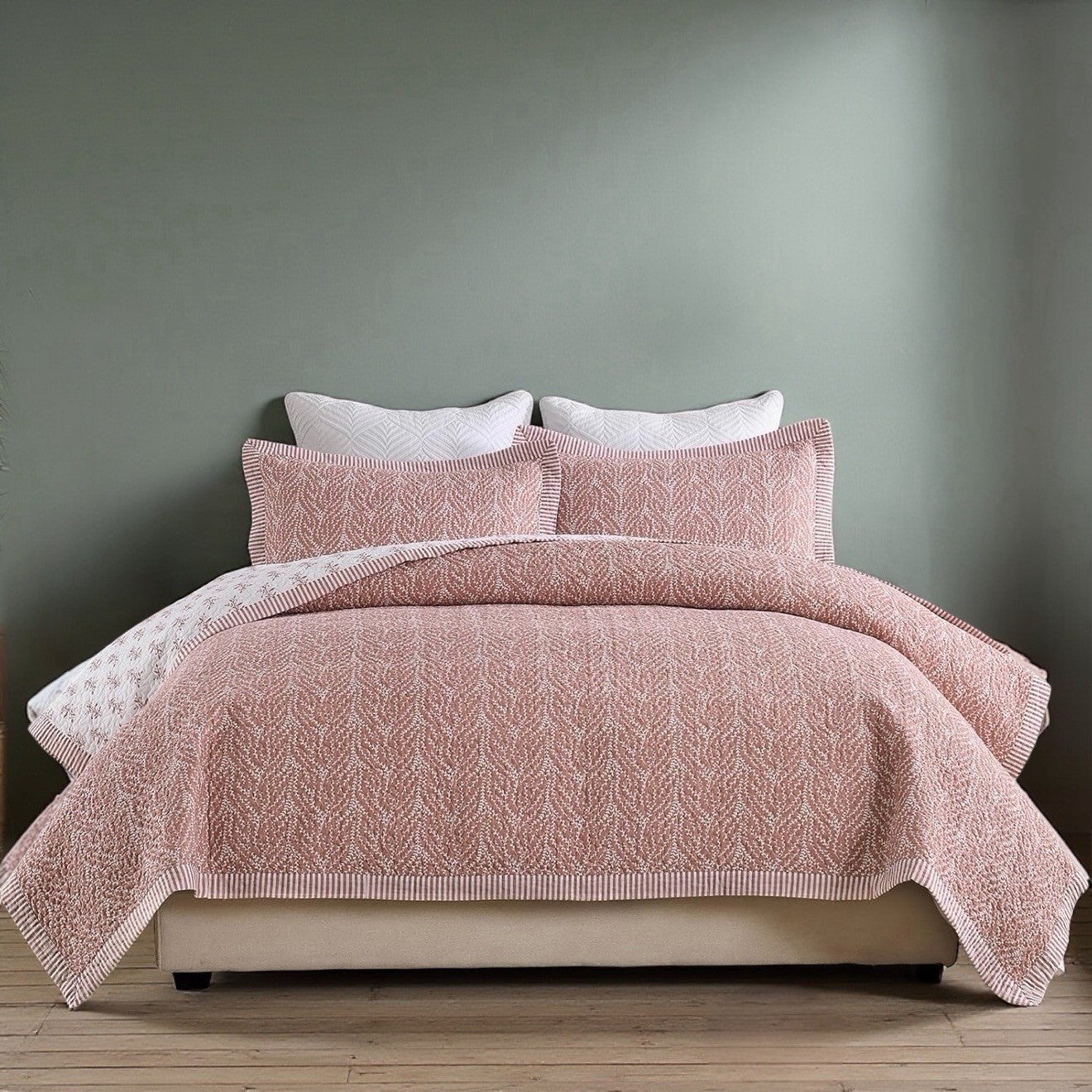 NEW West Elm Blush Botanical Pattern Cotton Queen King Bedding Quilt & Sham Set