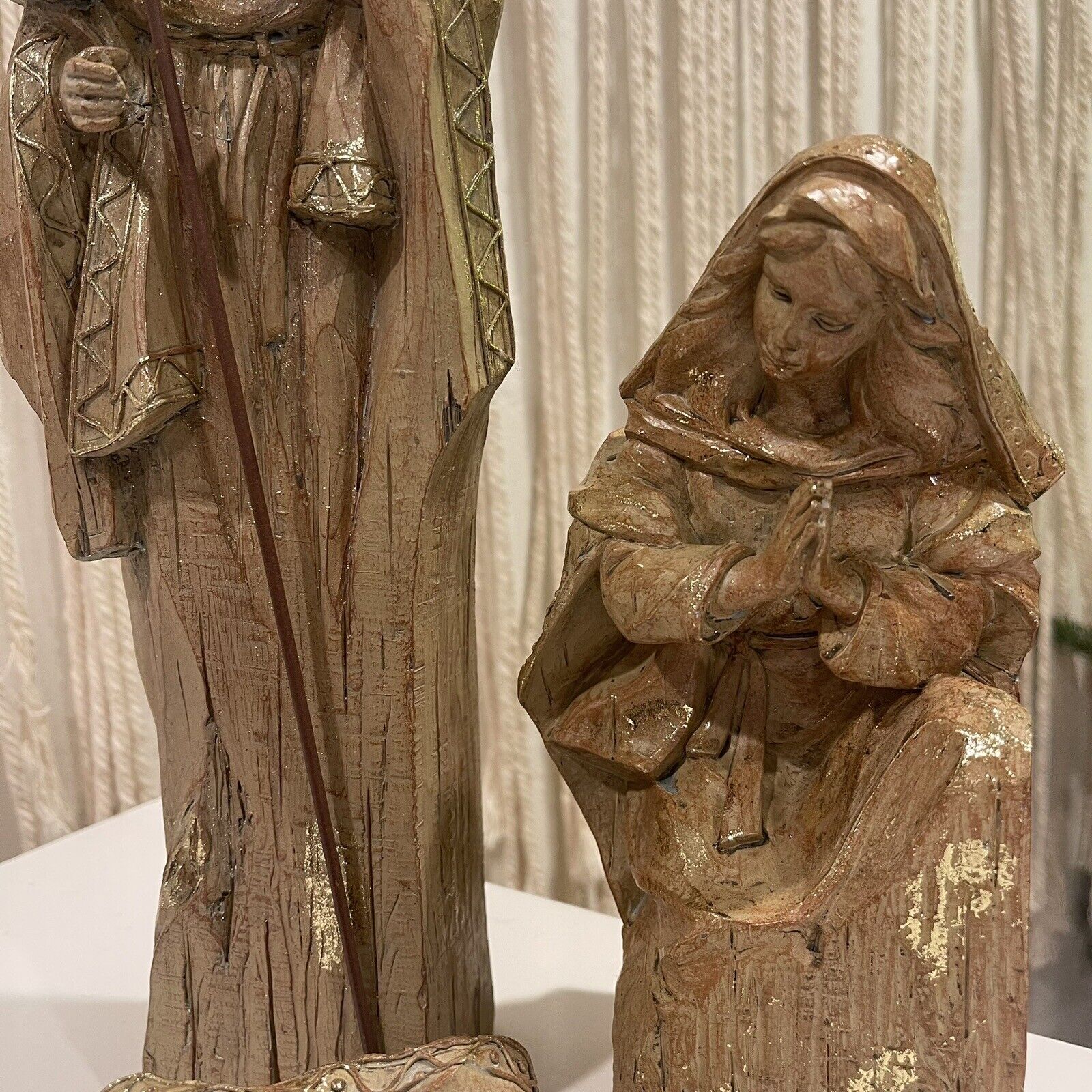 New XL Hand Carved Wooden & Gold Christmas Nativity Statue Figurine Holiday Set