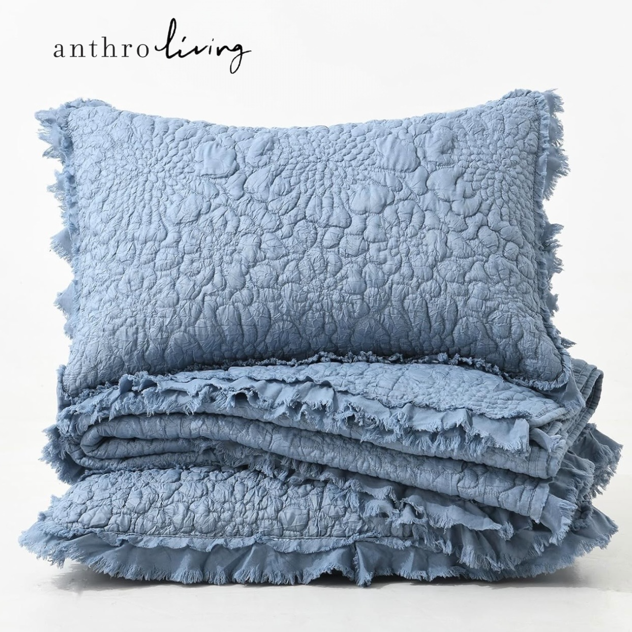 NEW Anthro Dusty Blue Boho Ruffle Crinkle Queen / King Bedding Quilt & Sham Set