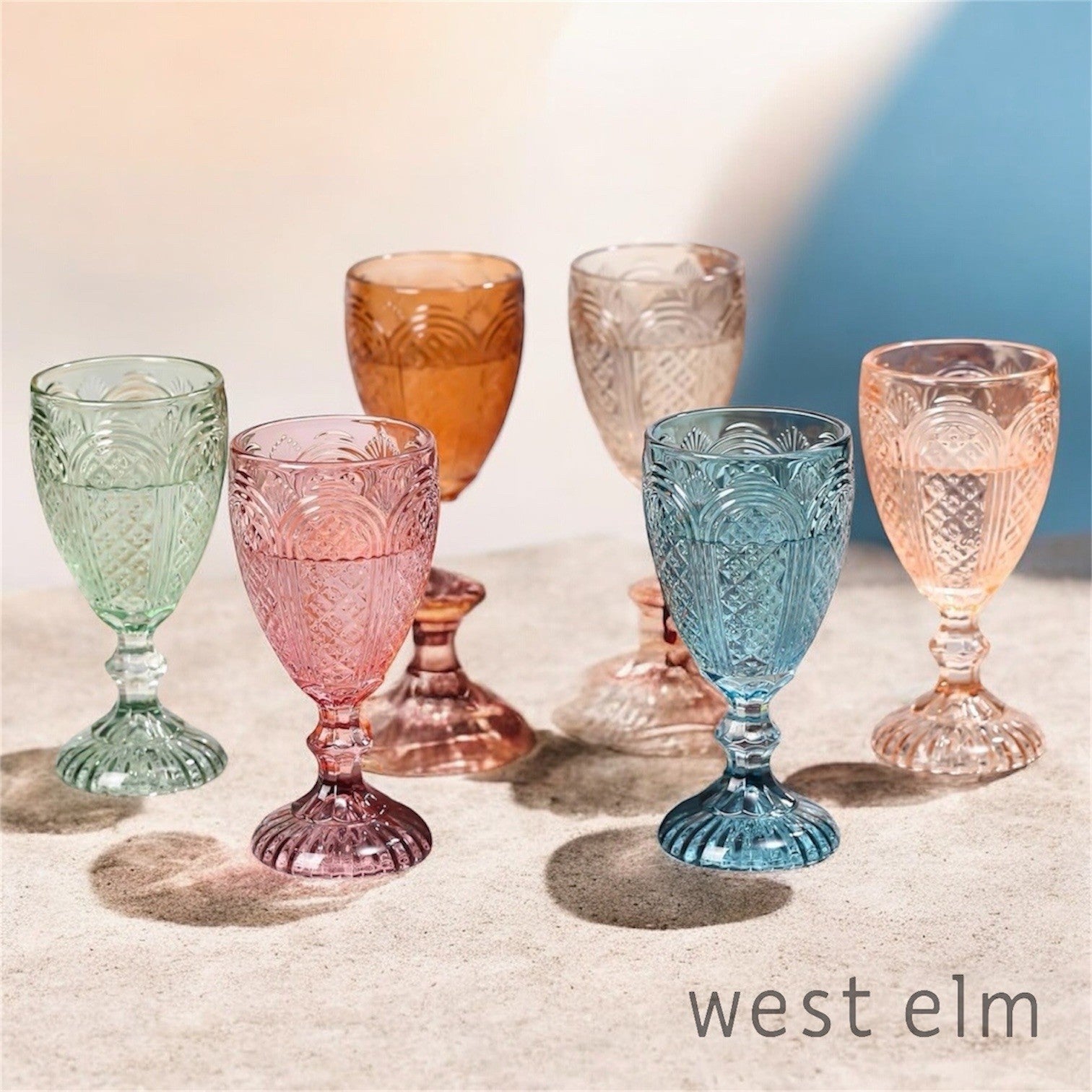 NEW West Elm (Set of 6) Colorful Stemmed Wine Water Glasses  Drinkware Bar Cups