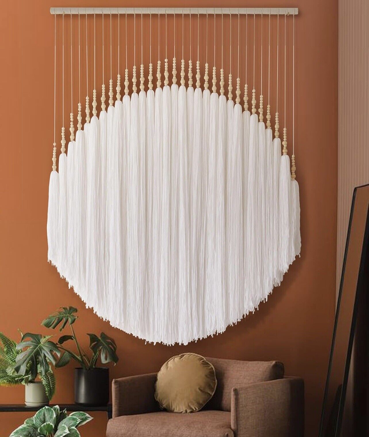 NEW Anthropologie Large Boho White Tassel Tapestry Round Beaded Wall Hanging 55"