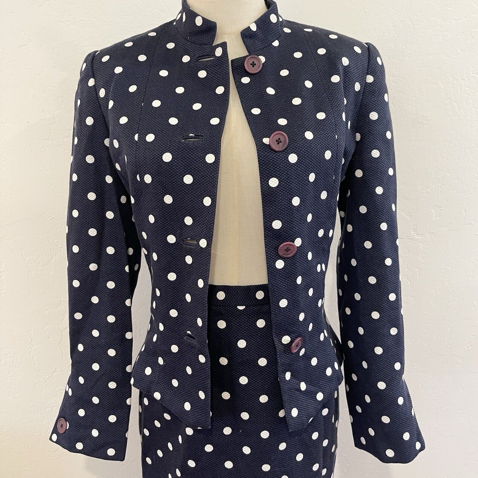 Vintage Carolina Herrera Navy Polka Dot Skirt Suit Blazer Jacket Set Size Small