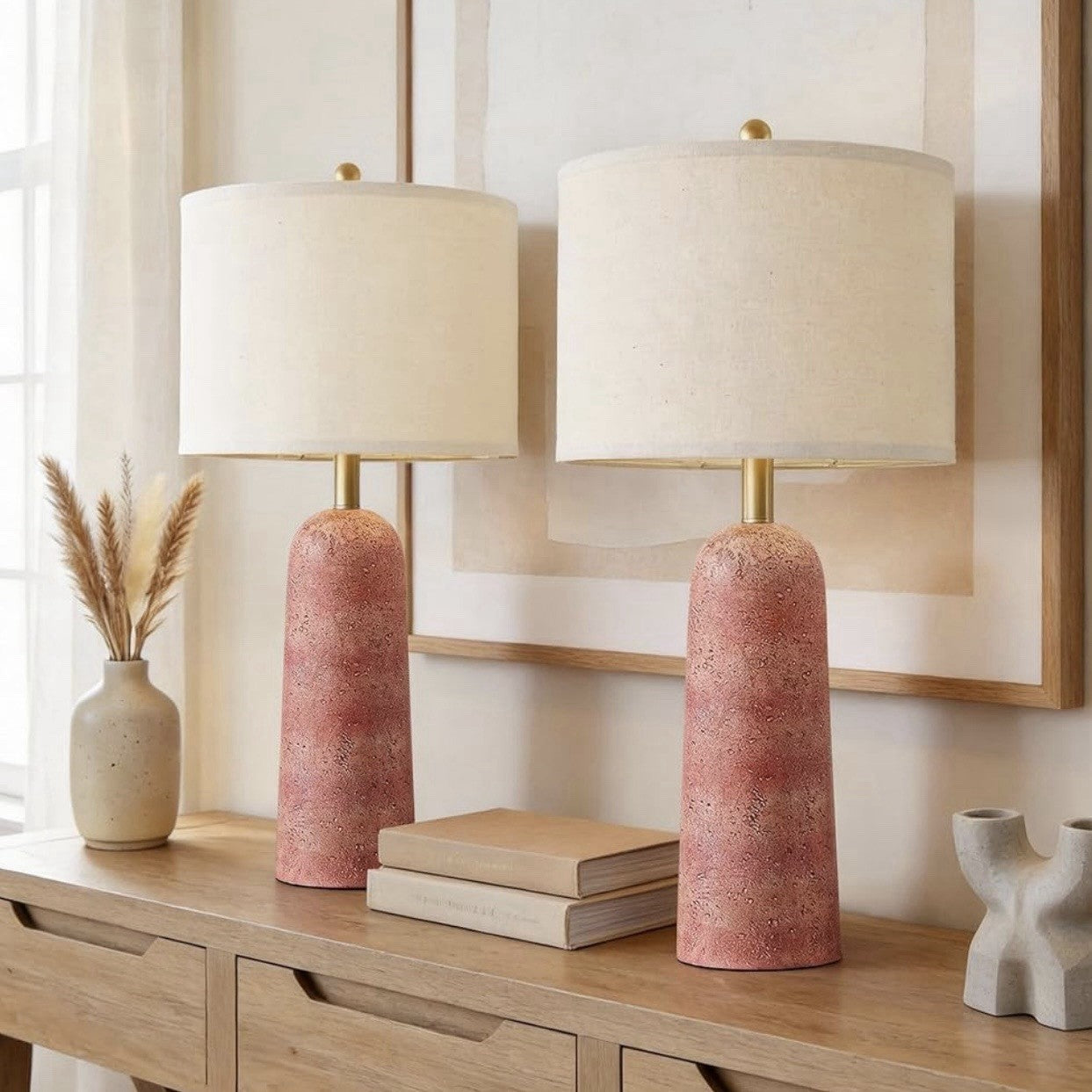 NEW Anthropologie Set of 2 Pink Resin Stone Boho Table Lamps Linen Lighting 27"