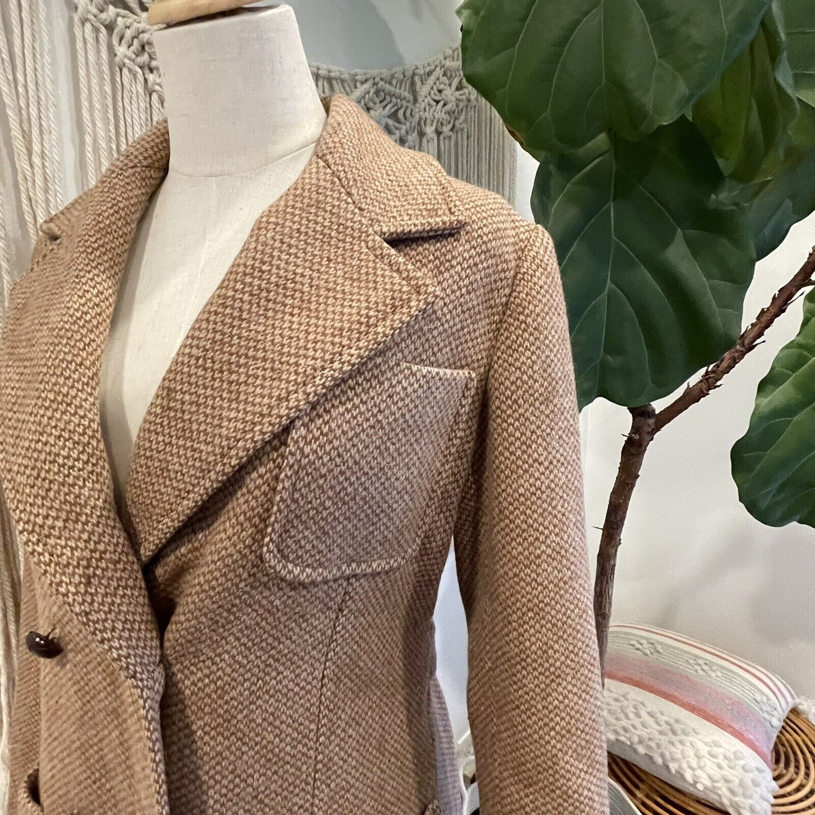 Oscar De La Renta Women's Tweed Tan Trench Coat Jacket | Size Large / 12