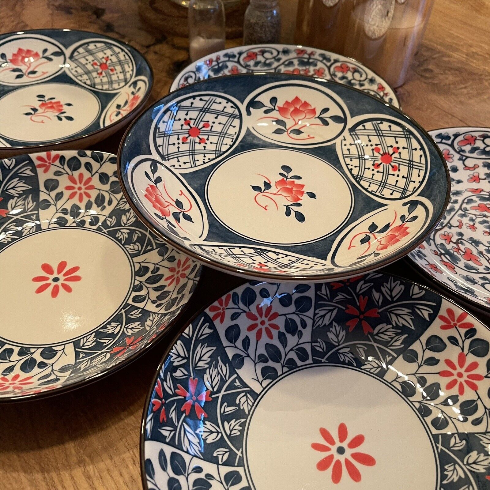 NEW West Elm (Set of 6) Blue Boho Ceramic Floral Dinnerware Salad Plates Set