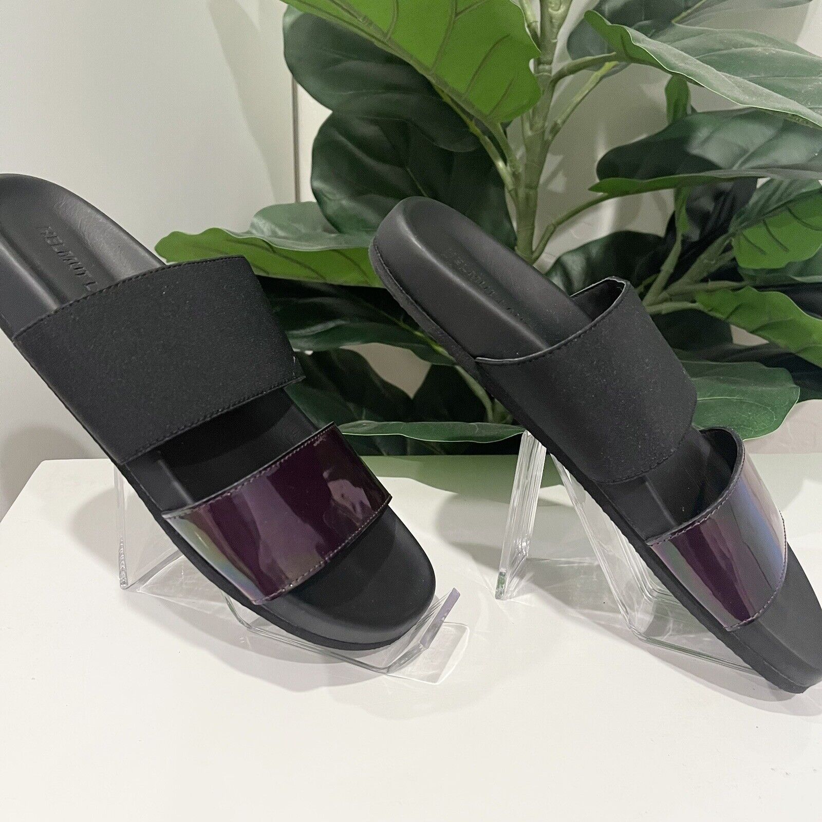 NEW Helmut Lang Black Iridescent "Oil Slick" Slides Sandals Shoes Size 8.5 / 39