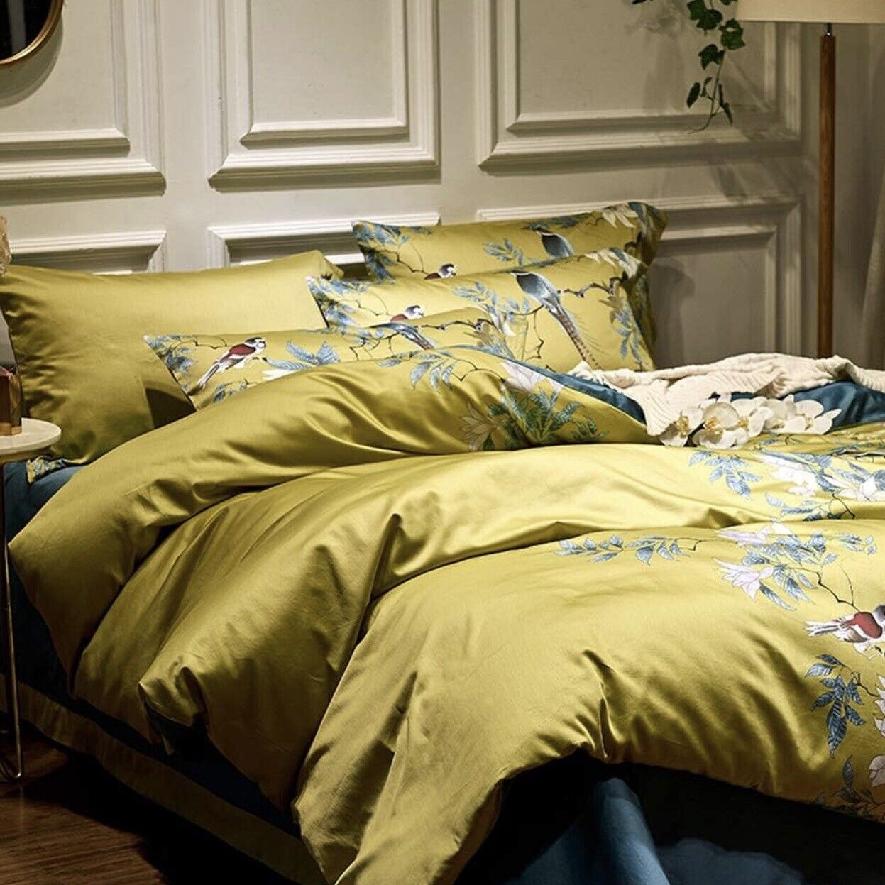 NEW Anthropologie Yellow Boho Queen Size Bird Bedding Duvet Floral Sham Case Set