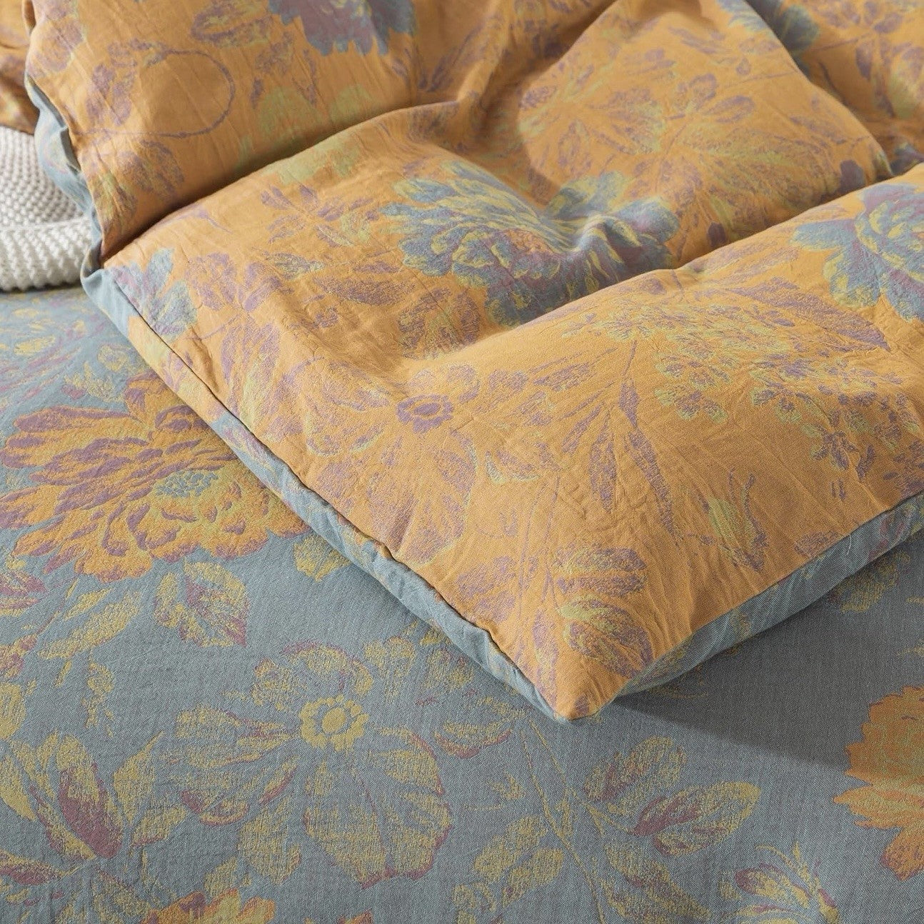 NEW Anthropologie Blue Orange Floral Cotton Queen / King Bedding Duvet Sham Set