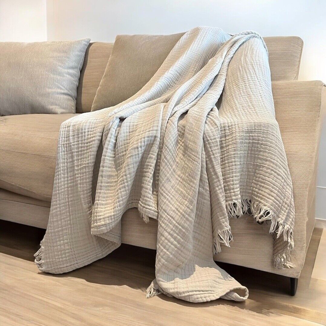 NEW West Elm Boho Beige Tassel Waffle Knit Muslin Gauze Throw Blanket 55" x 60"