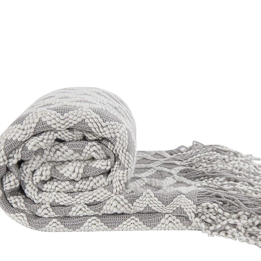 NEW Anthropologie Grey & White Boho Tassel Chunky Knit Throw Blanket - 50" x 68"