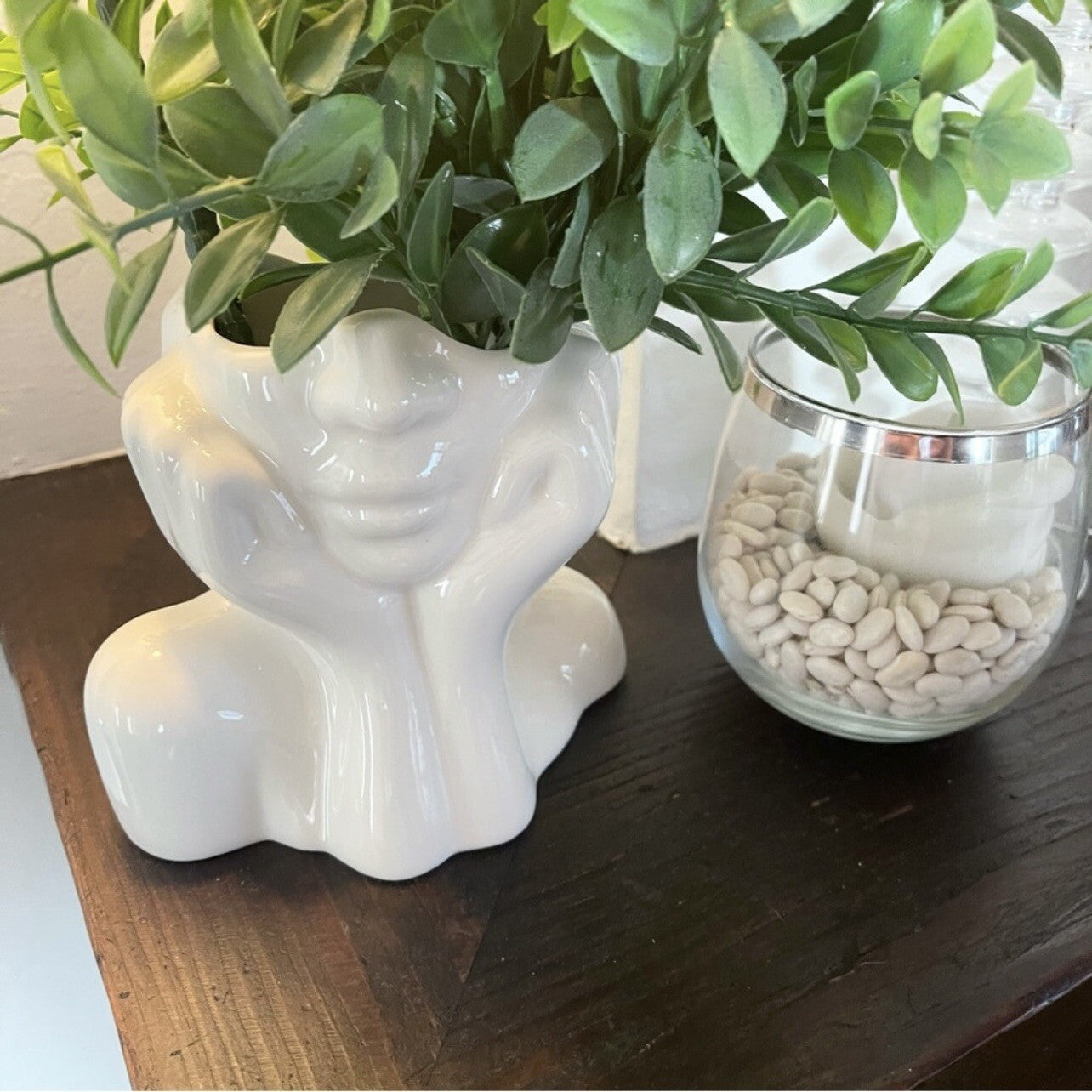 NEW Anthro Boho White Ceramic Female Face Abstract Flower Vase - Medium