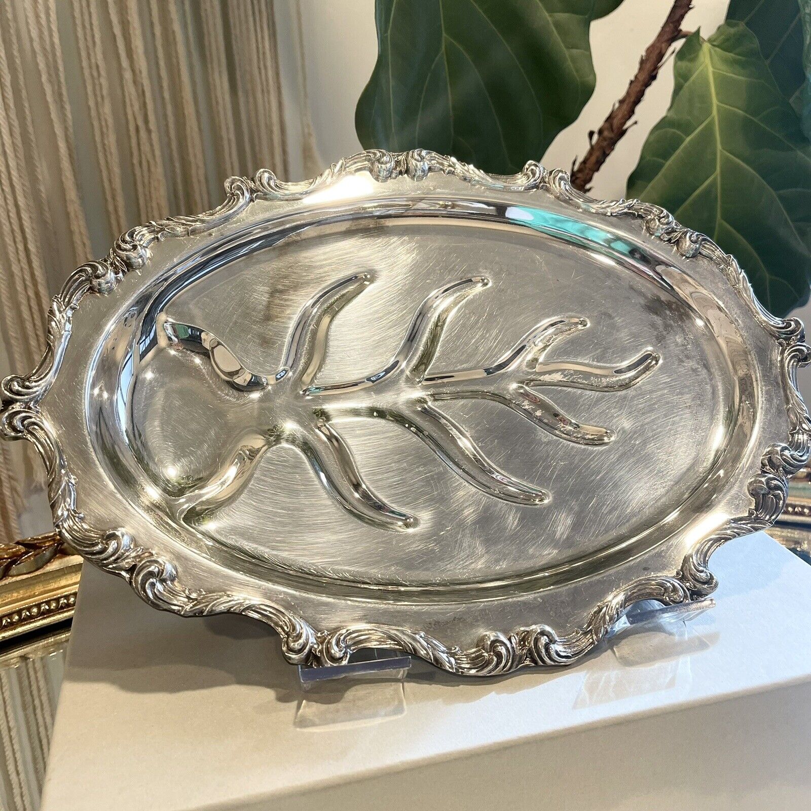 Vintage 1921 La Reine Pattern Silver Plate Footed Tray Platter by Wallace - 16"