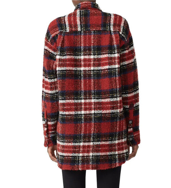 Anthro / The Kooples Red Tweed Plaid Shirt Coat Trucker Jacket Sweater Large