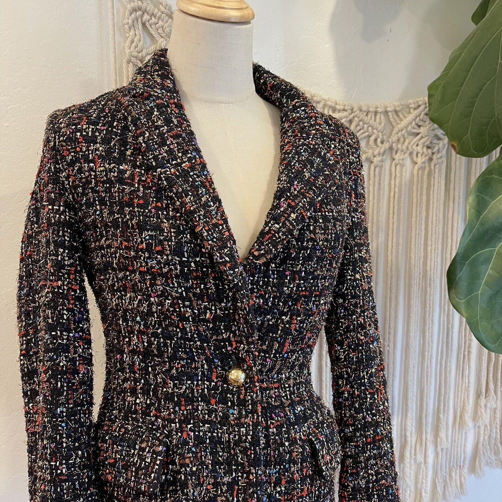 Amanda Uprichard Gold Multicolor Woven Aldridge Blazer Jacket Coat Sweater Large