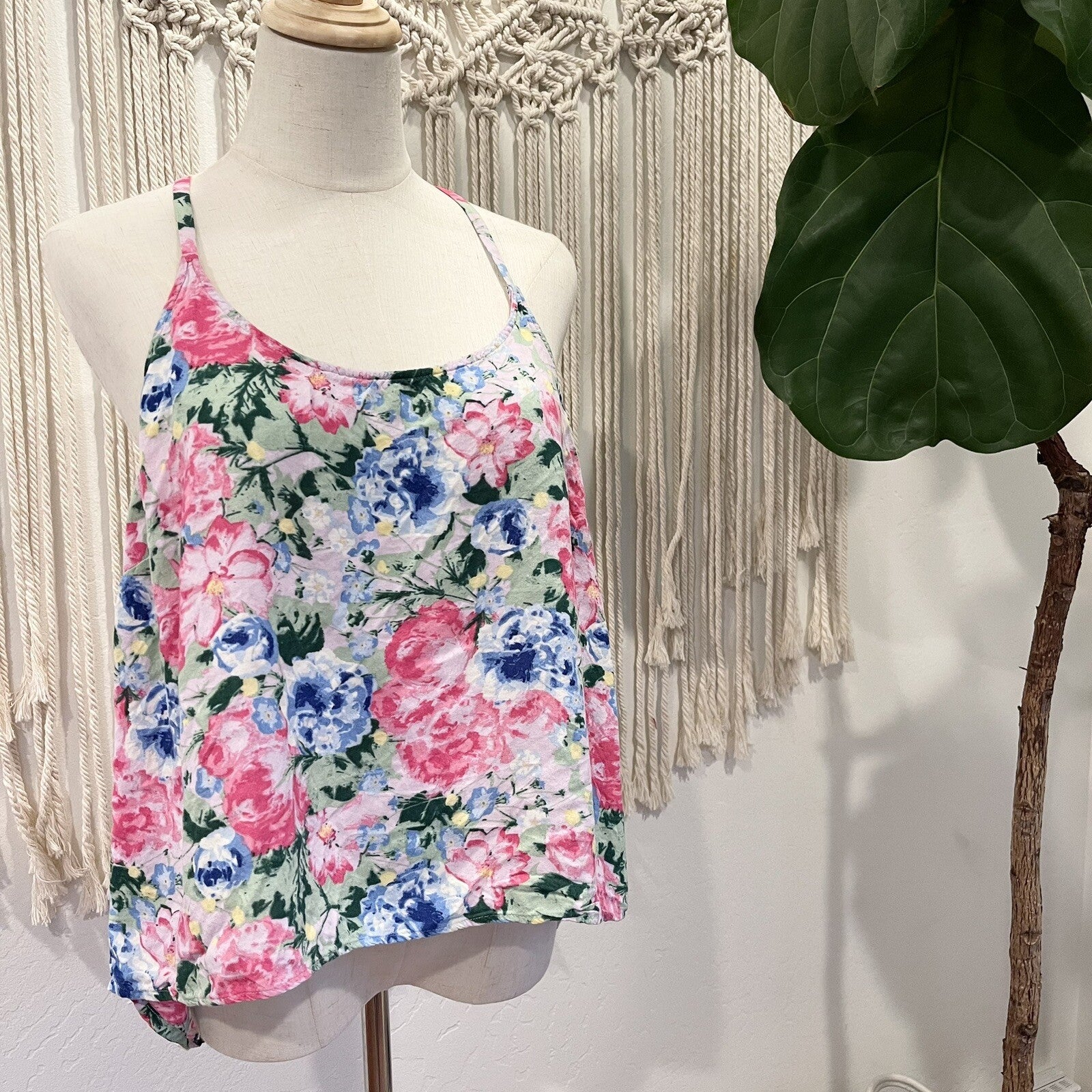 Anthropologie Neon Pink Floral Boho Trapeze Tank Top Shirt Blouse | Size Medium