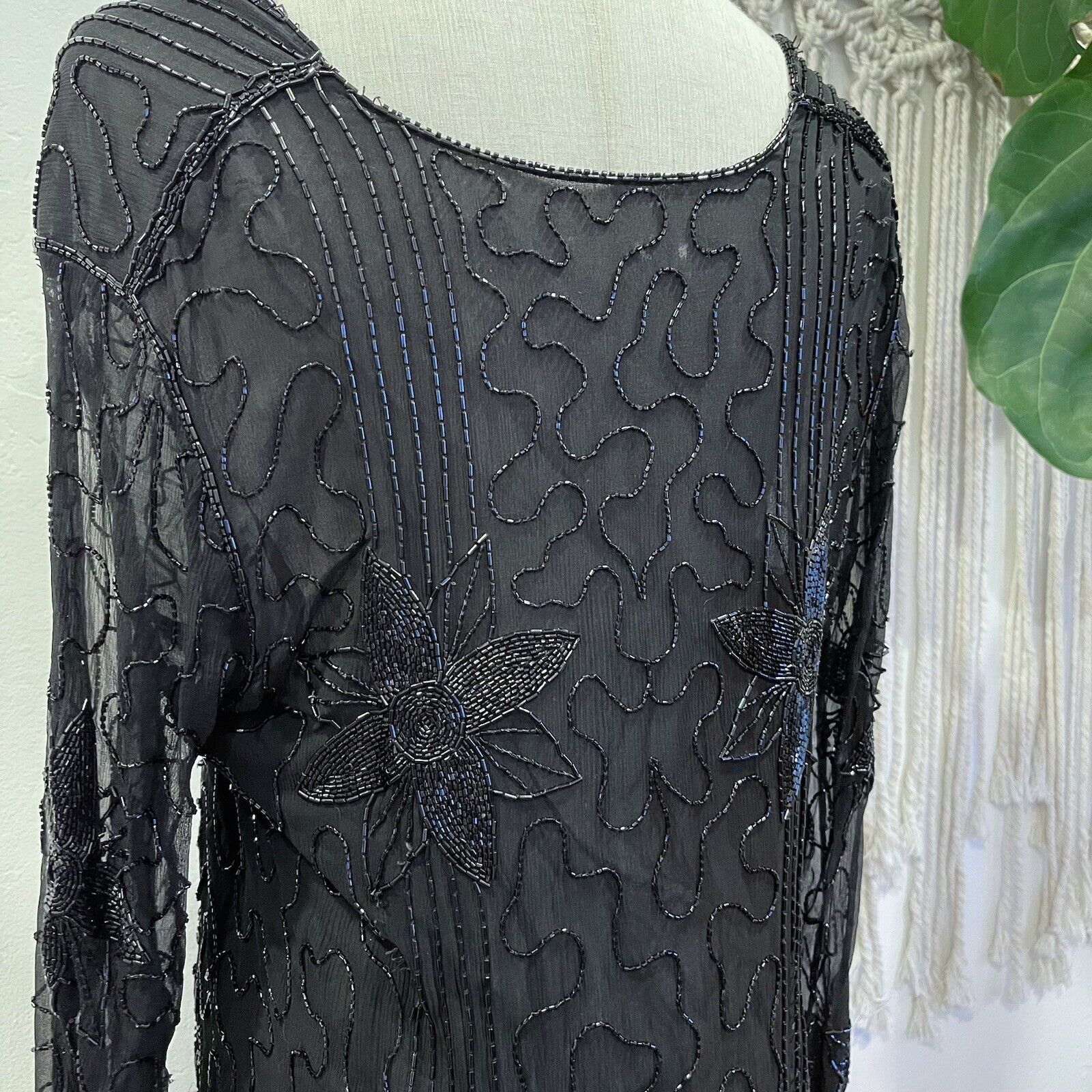 Vintage Saks Fifth Avenue Black Floral Beaded Sheer Tunic Sheath Dress - Large